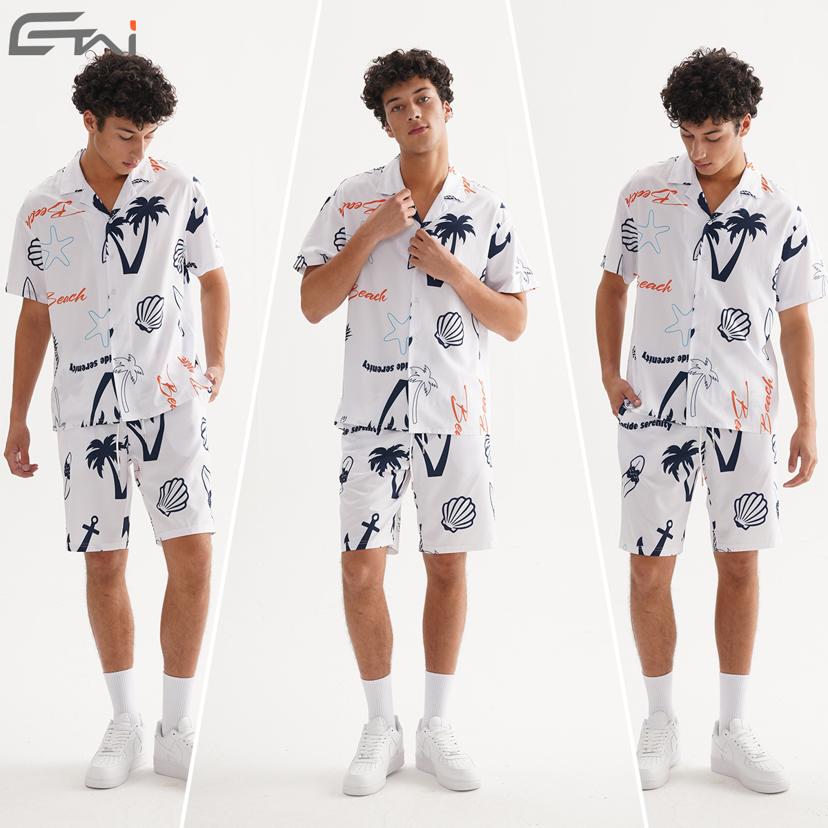 ETAI 남성복 | 여름 캐주얼 비치 스타일 루즈 슈트 패션 하와이안 프린트 셔츠 반바지 투피스 세트