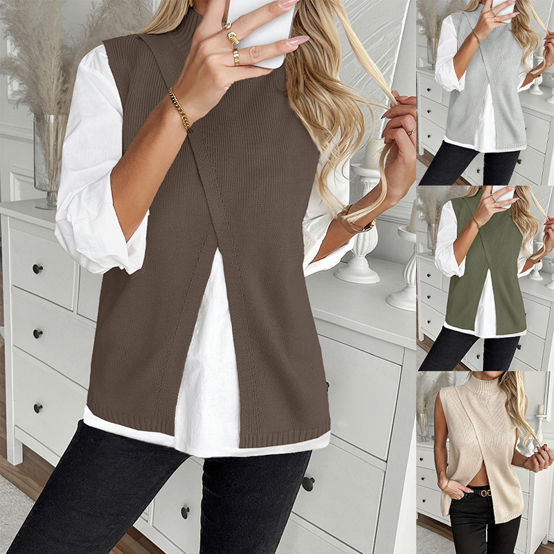 2025 Spring and Autumn Women's Amazon Slim Elegant Casual European and American Cross-Border Slit Solid Color Knitted Vest Women's Sweater 2025 Spring and Autumn Women's Amazon Slim Elegant Casual European and American Cross-Border Slit Solid Color Knitted Vest Women's Sweater