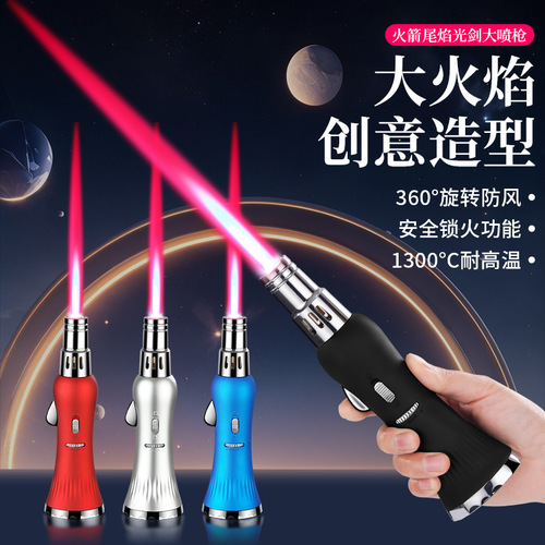 New rocket-shaped straight-pushing windproof red flame inflatable lighter for outdoor BBQ, suitable for cross-border.