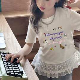 外贸批发双蕾丝花边3D卡通印花公主T恤童装女童短袖夏季新款半袖