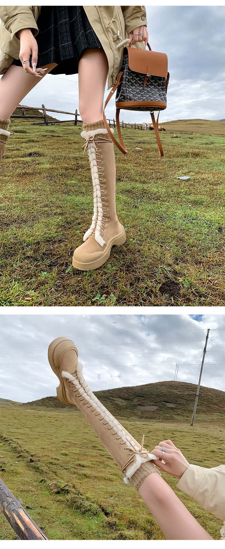 Boot nữ cổ cao lông dày ấm áp, dây buộc phong cách hiệp sĩ, đế chống trượt mùa đông — màu nâu chi tiết 20