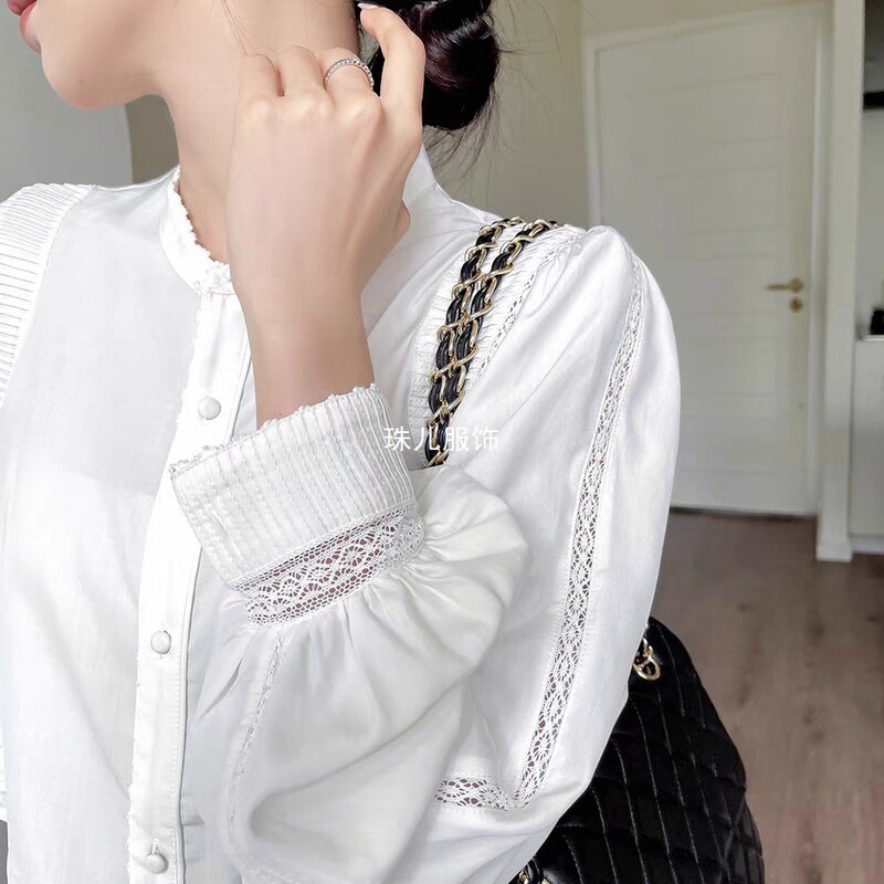 Detailed Casual Craft Lace Palace French Simple Shirt Antique Lace White Shirt Solid Color