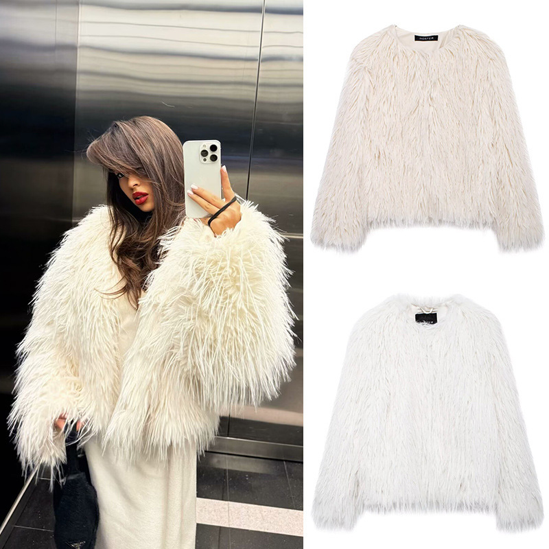 2024 Cross-Border Women's Autumn and Winter New European and American Style Street Fashion Elegant White Artificial Fur Outwear