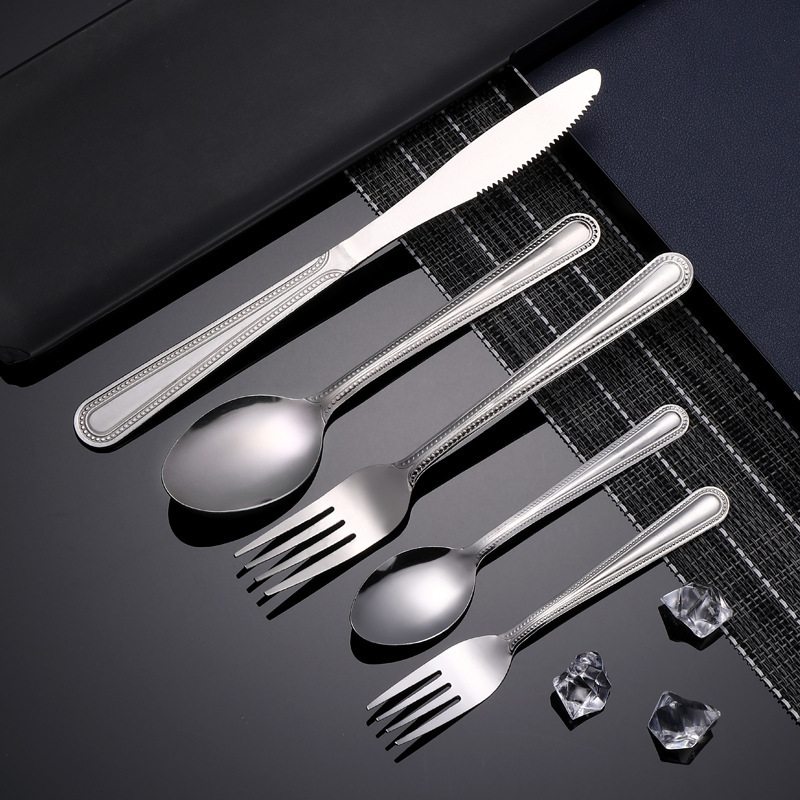 Wholesale creative pattern bead point stainless steel knife and fork spoon 5 piece set steak knife fork spoon hotel tableware set