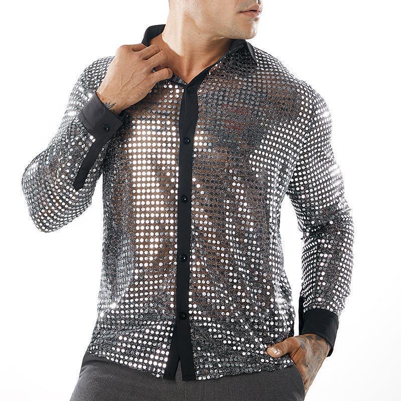 Men's Long-Sleeved Performance Clothing Amazon Export Scale Shirt Long-Sleeved Collar 70S Disco Party Ready Stock