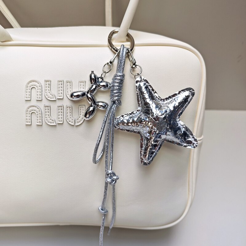 Niche Instagram-Style Silver Five-Pointed Star Keychain Balloon Dog Pendant with a High-End Feel Woven Rope Bag Charm
