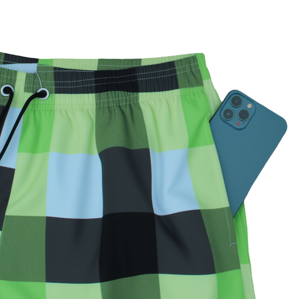 Men's Quick Drying Swim Trunks Green Plaid Beach Shorts_voghion.com