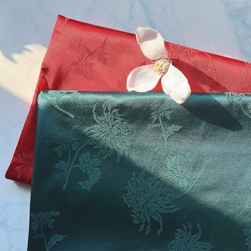 提花混纺棉涤面料 加厚缎面古风墨绿菊花暗纹袄子马面裙汉服布料