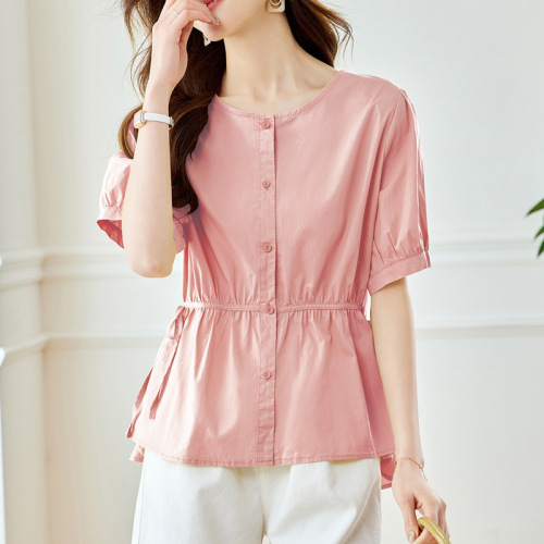 Manufacturer direct sale pure cotton round neck short-sleeved shirt for women in summer new loose and versatile slim-breasted shirt
