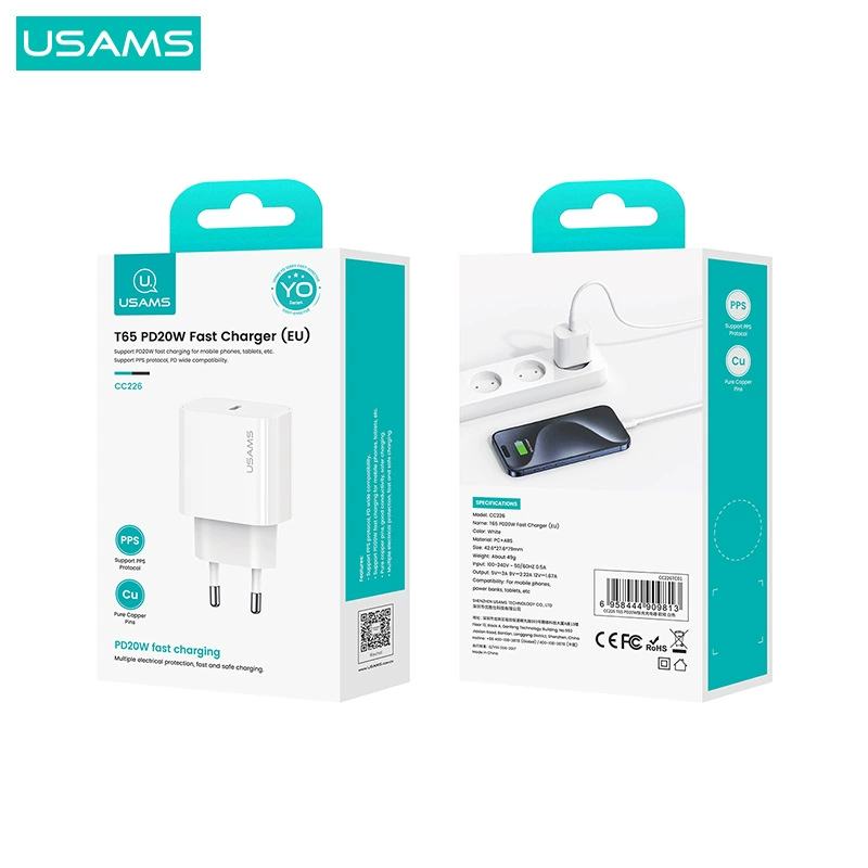 USAMS PD20W зарядная головка PD кабель быстрой зарядки подходит для Apple 15 зарядного устройства 9V2.2A быстрая зарядка Европа