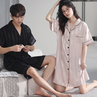 Couple Pajamas Summer Striped Ice Silk Nightgown Cool Sense suit Men and Women Casual Outwear Home Clothes Spring and Summer