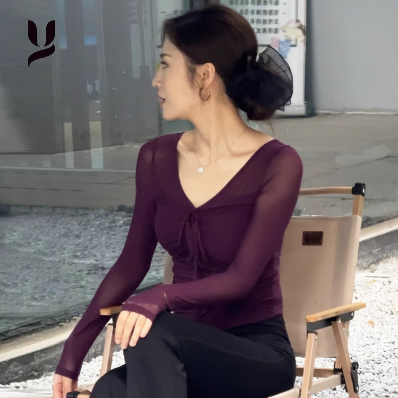 2025新款运动上衣秋修身V领透气T恤跑步健身显瘦网纱瑜伽服长袖|undefined