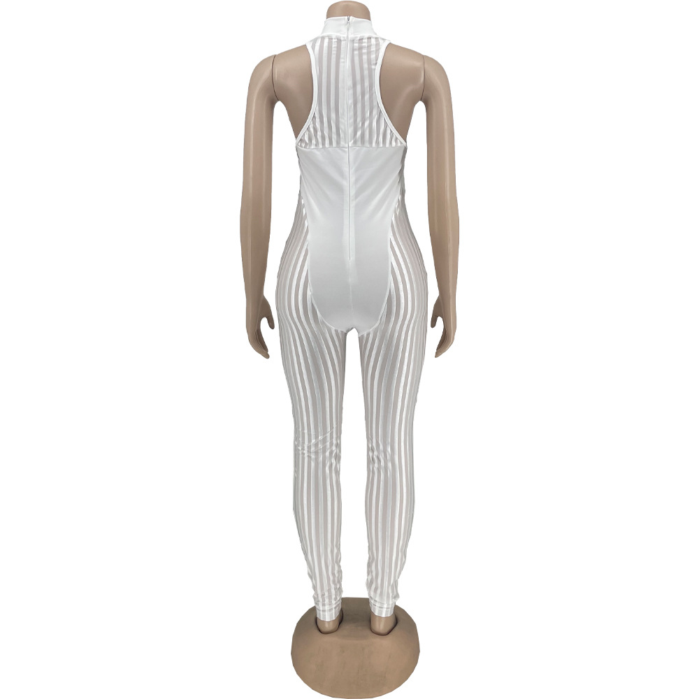 Women Clothing Sexy Mesh Stripes Stitching Women Jumpsuit