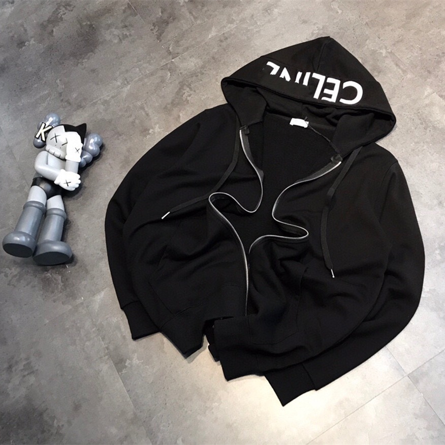 Cel Hat Letter Print Hooded Sweatshirt Unisex Casual Zip-Up Jacket Trendy Brand Loose Fit