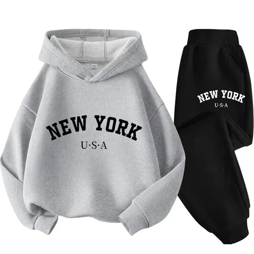 Children's black sports outdoor letterprint hooded sweatshirt 3-12 years old boys and girls casual suit