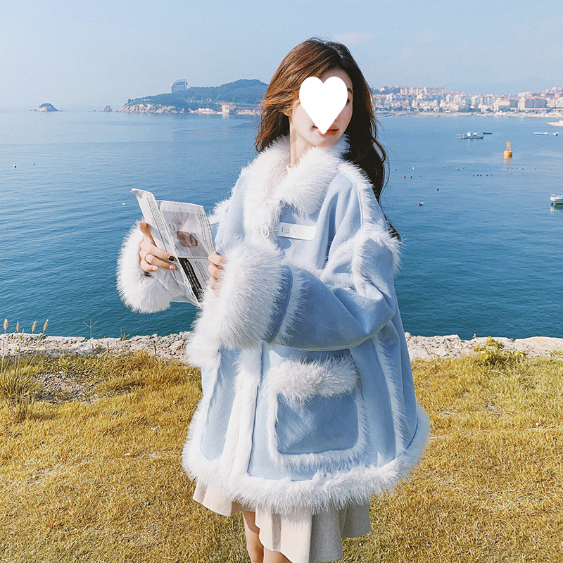 블루 모피 원 LAMBSWOOL COAT 여성의 한국 새 겨울 두꺼운 따뜻한 스웨이드 면화 코트