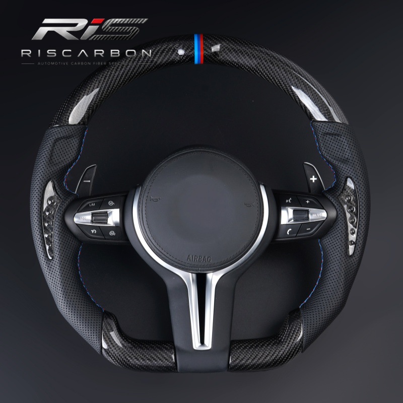 Carbon fiber steering wheel with crystal accents, flat-bottomed design, compatible with BMW F30F10F11F15F16F20F25F18