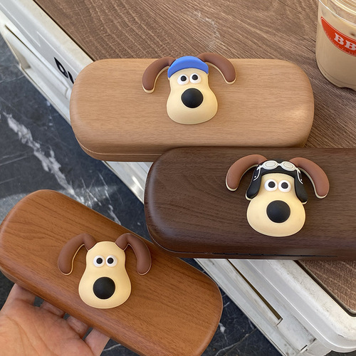 Creative cartoon ins repair dog wood grain glasses case myopia retro simple DIY storage box sunglasses case