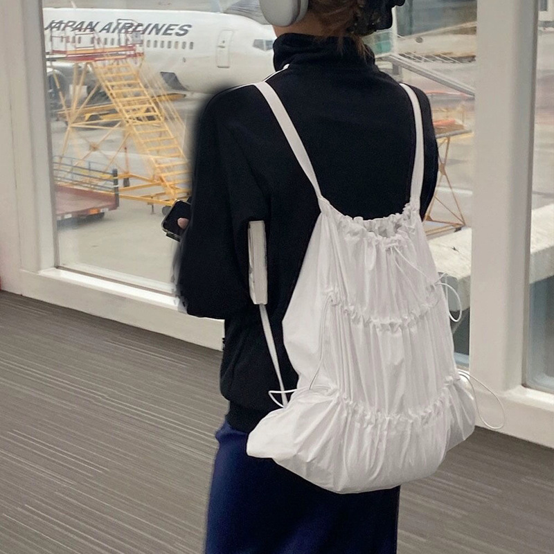 2024 New White Drawstring Backpack Women's South Korea Lazy Style Backpack Lightweight Nylon Water-repellent Backpack