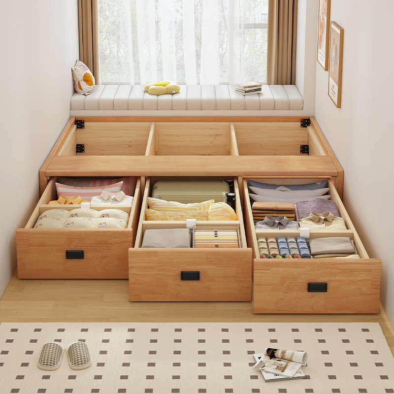 All Solid Wood Non-bedside Bed Small Apartment Homestay Modern Simple Three-pumping Storage Floor Box Storage Tatami Bed