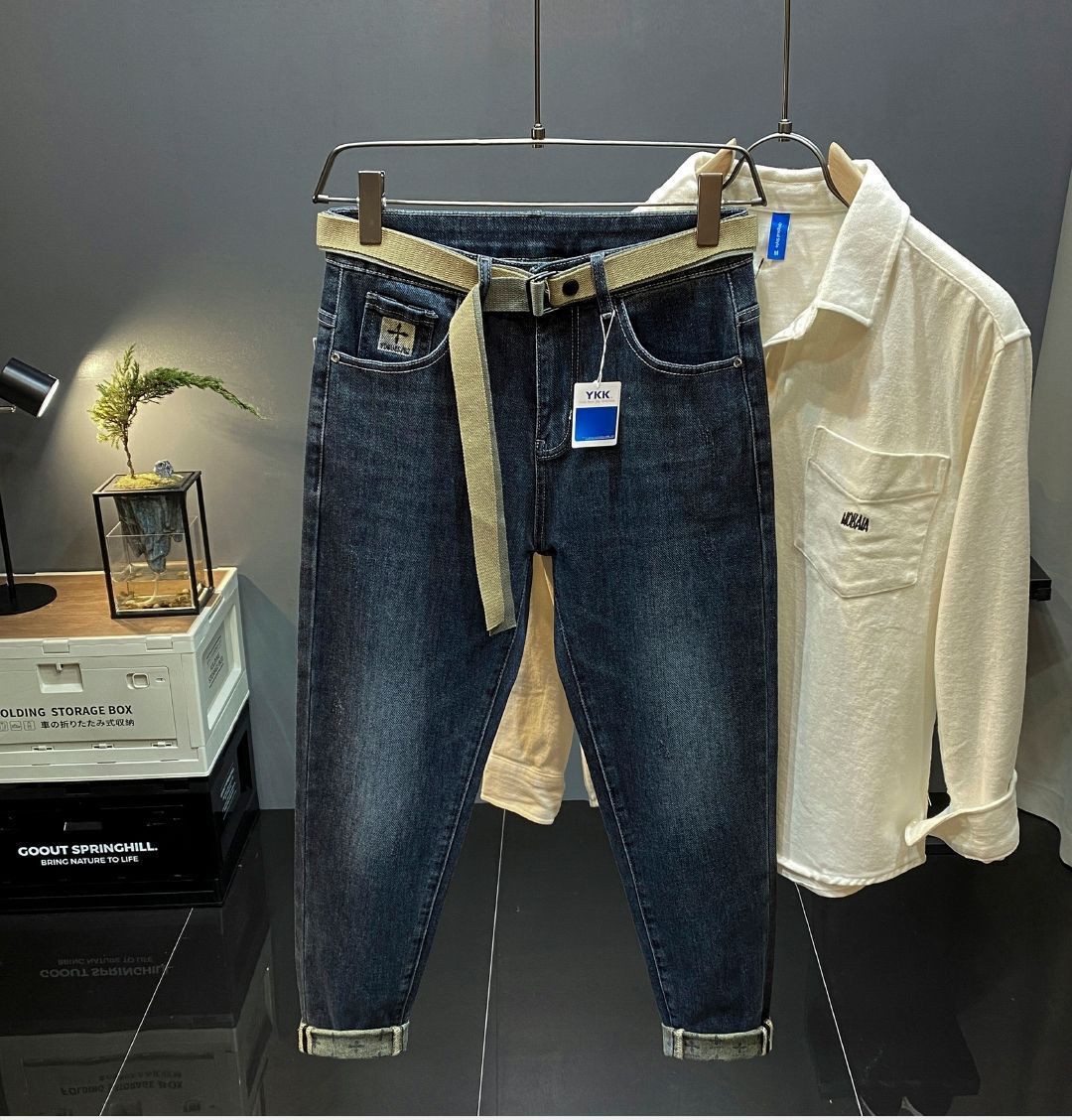 High end light luxury brand fitting jeans for men with slim fit and small feet, Korean version trendy loose straight leg_voghion.com