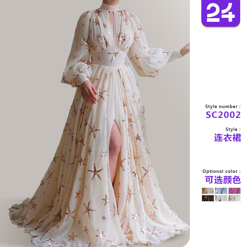 Yx2025 New Multi-Color Large Quantity Ready-Made Half Turtleneck Sequined Slit Lantern Sleeve Large Hem Dress Chiffon Dress