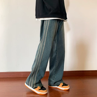 美式高街复古牛仔裤男士春秋做旧条纹休闲裤宽松直筒阔腿拖地裤潮