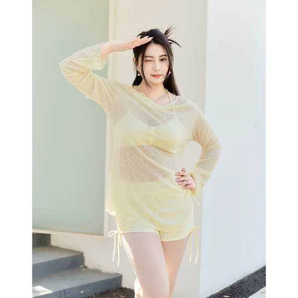 New Style Women's Three-Piece Set, Slightly Plus-Size Long-Sleeve Cover-Up, Conservative Slimming Beach Spa Resort Swimsuit for Women Wholesale