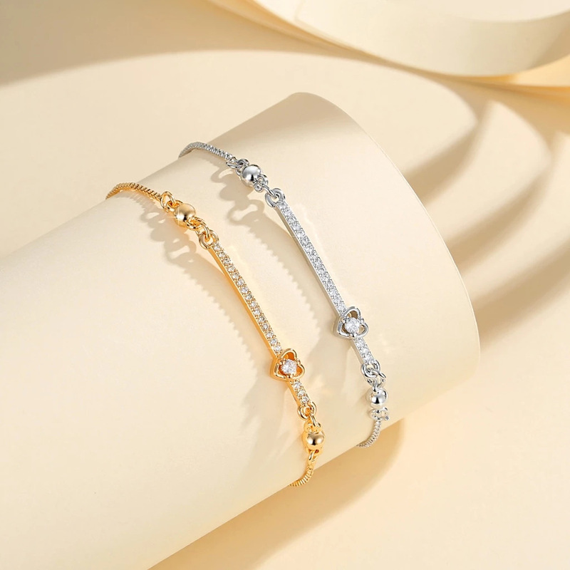 Cross-border Fashion Bracelet Bracelet Jewelry Niche All-match Design Copper Gold Plated Zircon Cross Bar Heart-shaped Push Zipper Bracelet