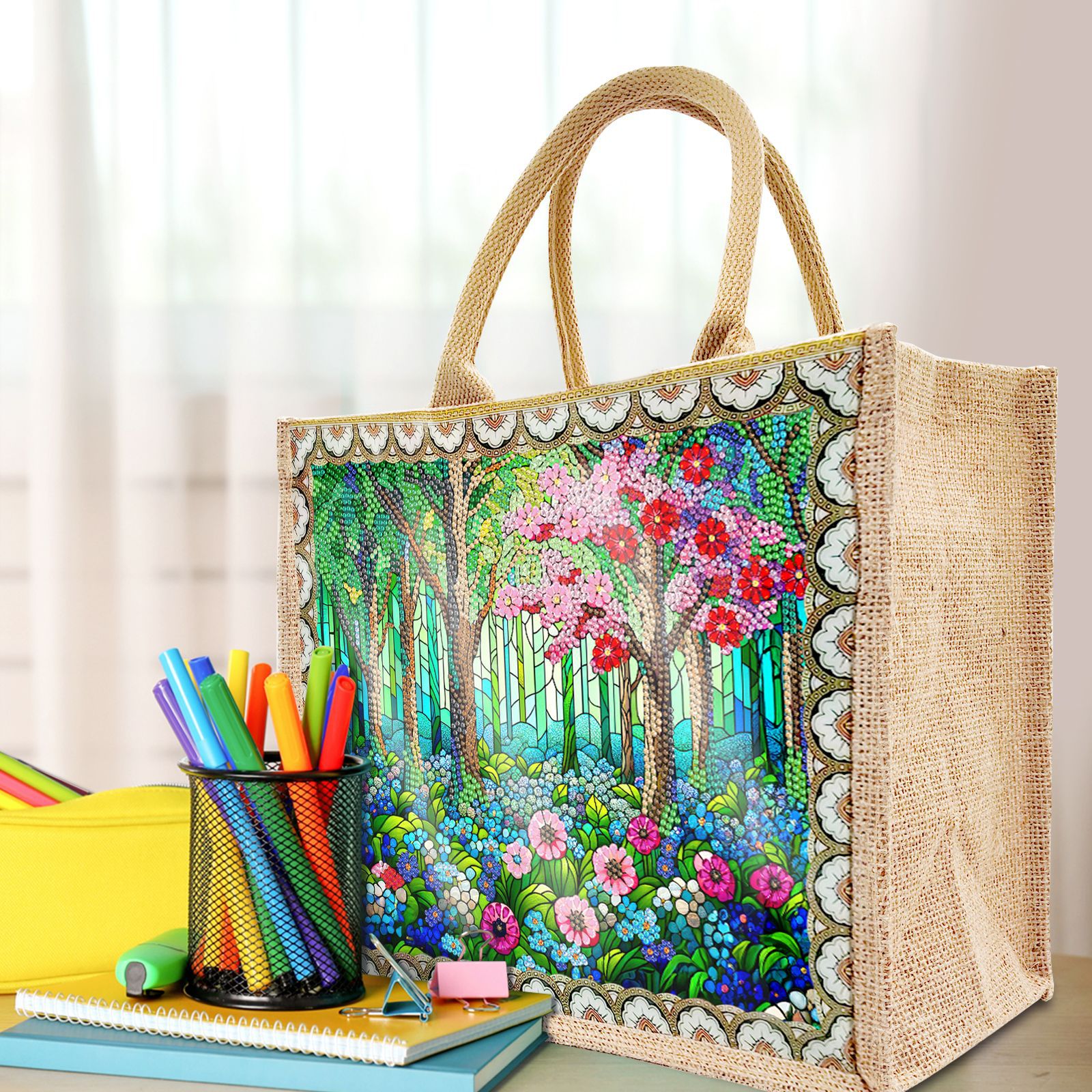 Accesorios para pintura con diamantes, bolsa de lona DIY para pintura con diamantes, bolsa de mano con diseño de animales y paisajes, con placa base reemplazable, un paquete con dos diseños.
