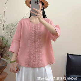 拼接苎麻T恤2026衫头蕾丝中女衬衣夏季小衫新款圆领袖套文艺