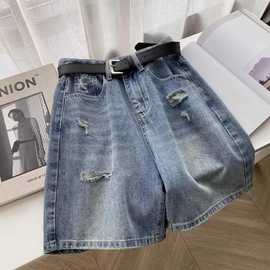 极简帅气时髦百搭配腰带破洞牛仔短裤女高腰阔腿五分中裤热裤显瘦