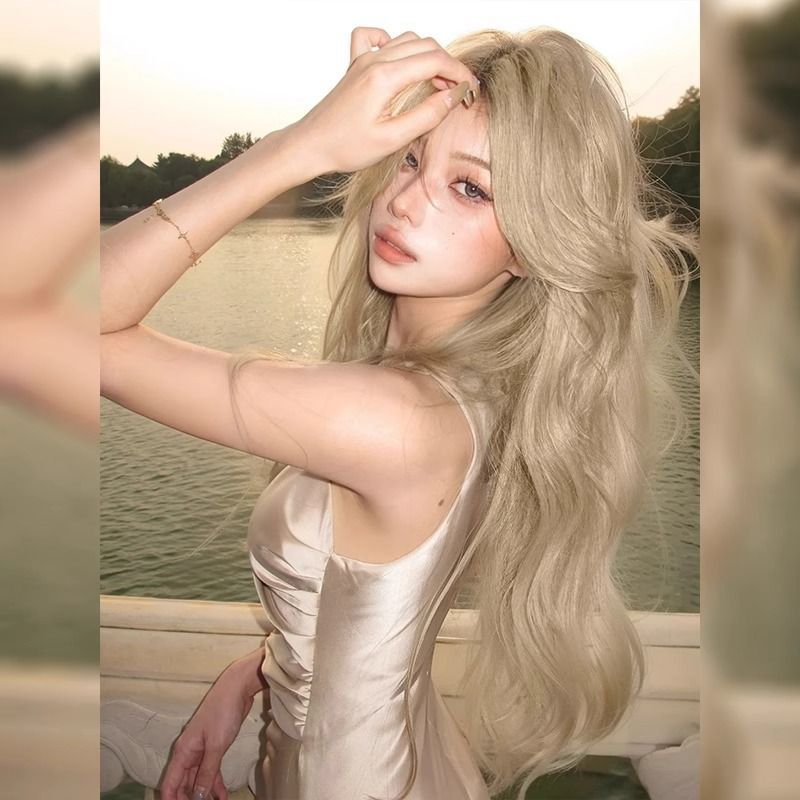 Perruque complète Rose Same Style pour femme, cheveux longs blancs dorés ondulés, style quotidien, réalistes, cheveux humains naturels, raie au milieu._voghion.com