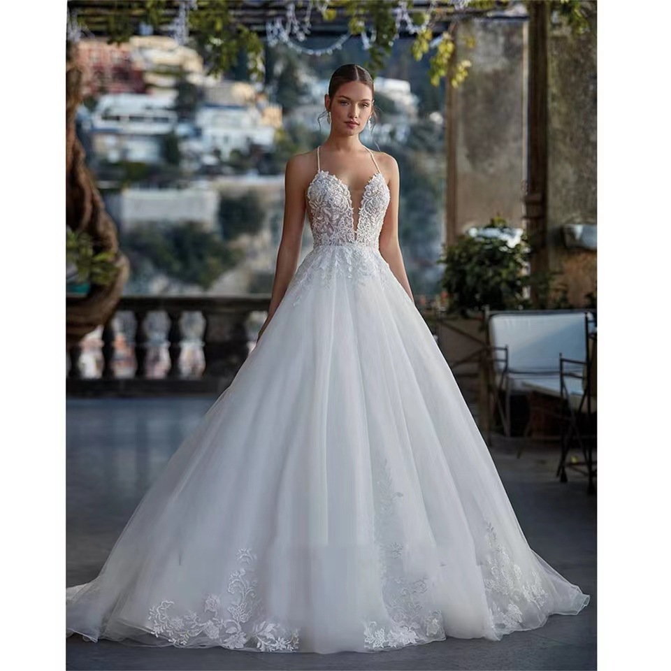 Foreign Trade European and American Amazon 2026 New Wedding Dress Lace Applique Princess Dress Beach Dress Banquet Dress