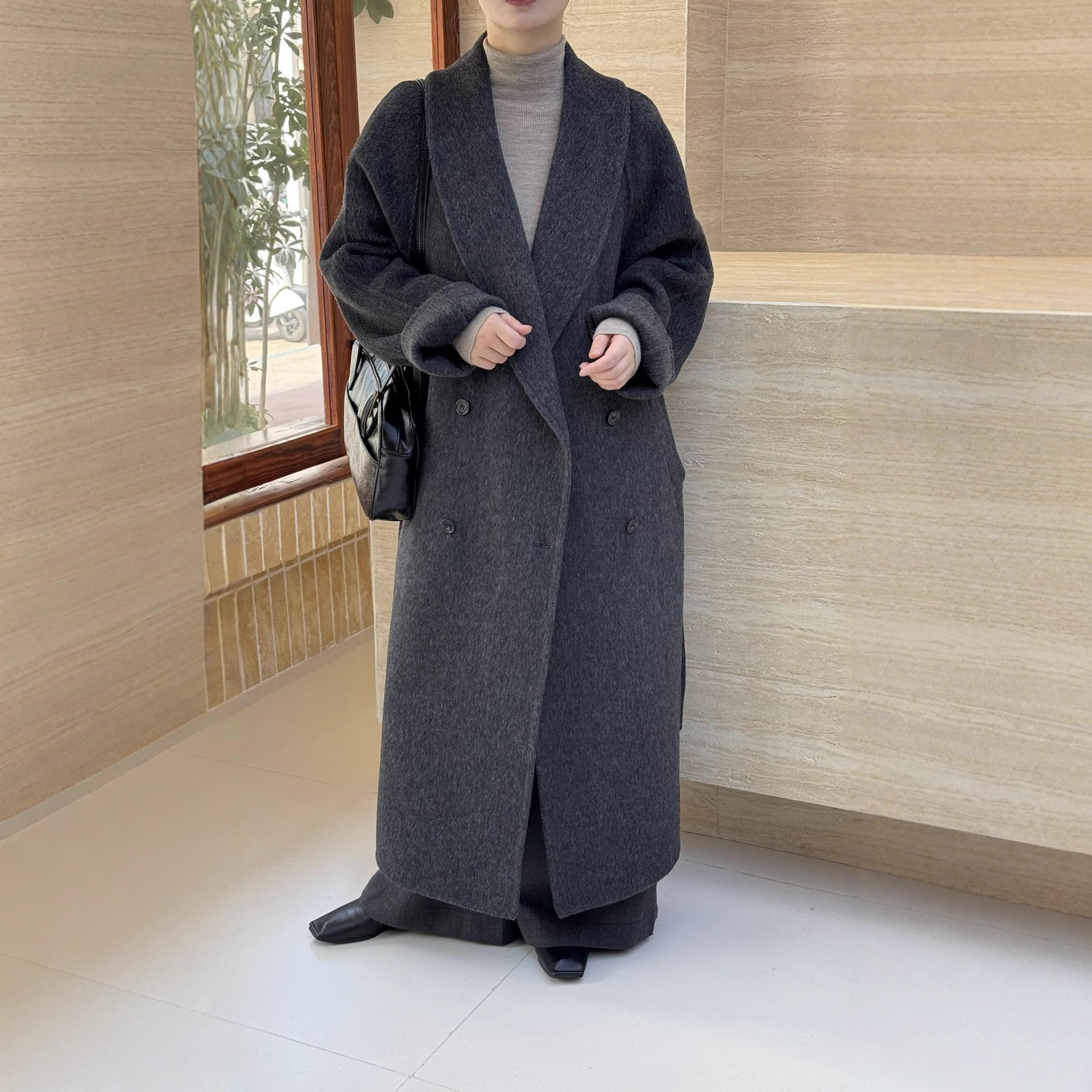 Elegant Green Lapel Collar Loose-Fitting Belted Wide-Style Double-Faced Wool Coat for Women, Mid-Length, Suitable for Commuting