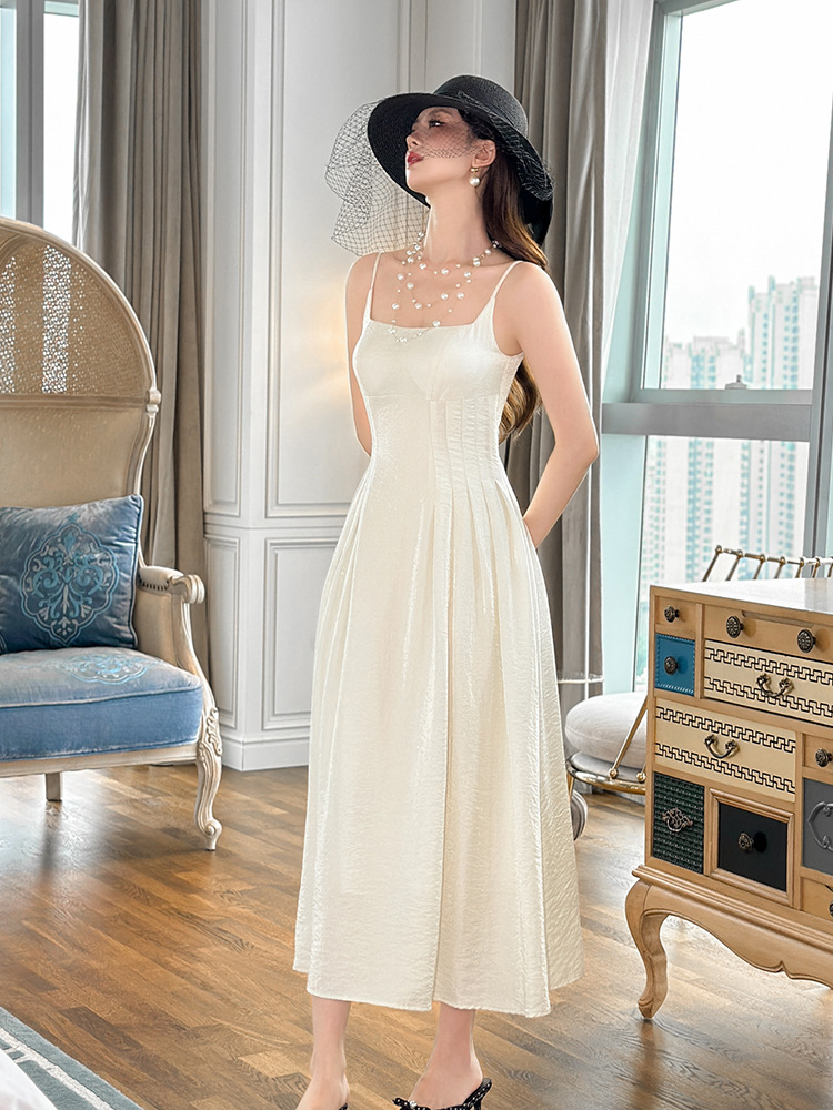 Đầm suông nữ midi thắt eo kiểu Pháp tay dây — mơ