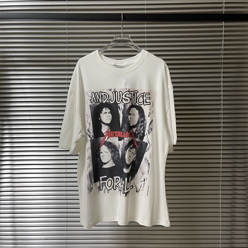 American Vtg Metallica Band White Four-Face Print Retro High Street Washed Distressed Short-Sleeved T-Shirt Couple Trend