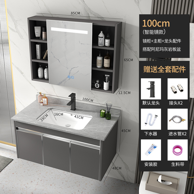 304 gabinete de baño de acero inoxidable combinación inteligente gabinete del espejo lavabo cuenca de cerámica roca Placa Cuenca estilo moderno lujo simple luz