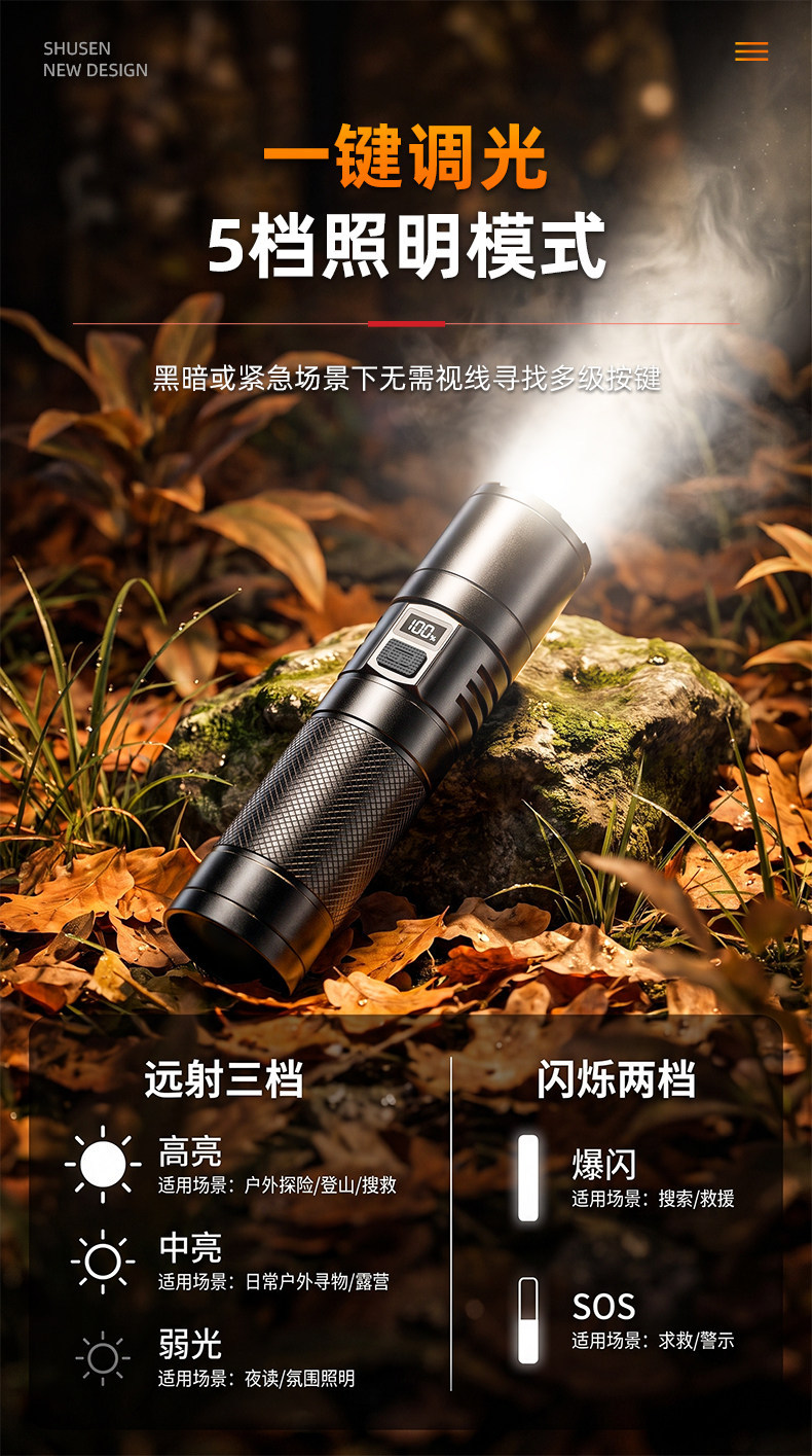 Shuosen flashlight, strong light, rechargeable, ultra-bright, long-lasting, 2026 new model, outdoor long-range high-power light