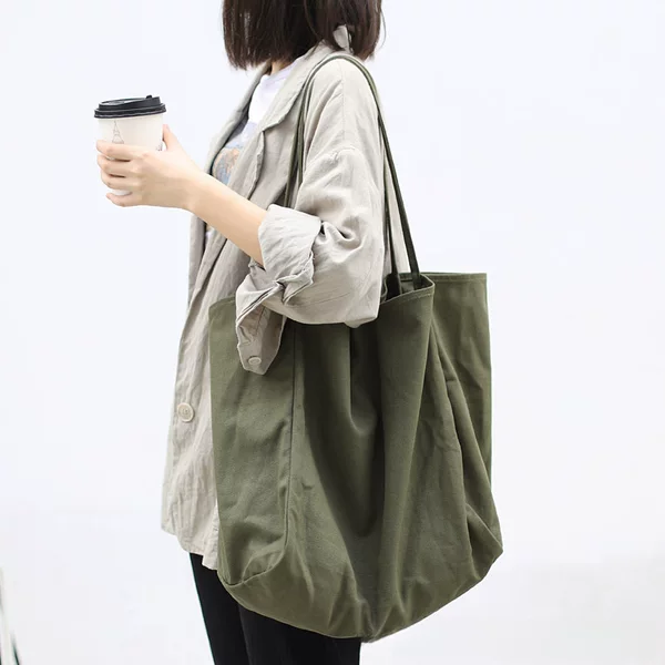 Japanese ins large capacity canvas handbag commuter shopping bag cloth bag South Korea solid color tote bag lazy style