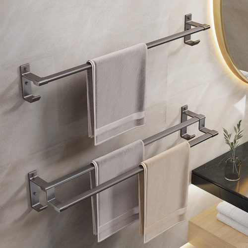 Gun gray punch-free space aluminum towel rack towel bar single rod bathroom towel hanging rod bathroom double rod storage rack