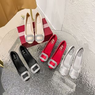 Soft-Soled Wang Manni's Same Style Shoes Square Buckle Rhinestone Satin Stiletto Shoes Women's High Heels Red Wedding Shoes