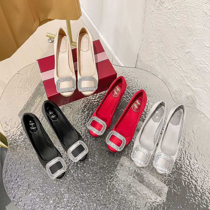 Soft-Soled Wang Manni's Same Style Shoes Square Buckle Rhinestone Satin Stiletto Shoes Women's High Heels Red Wedding Shoes