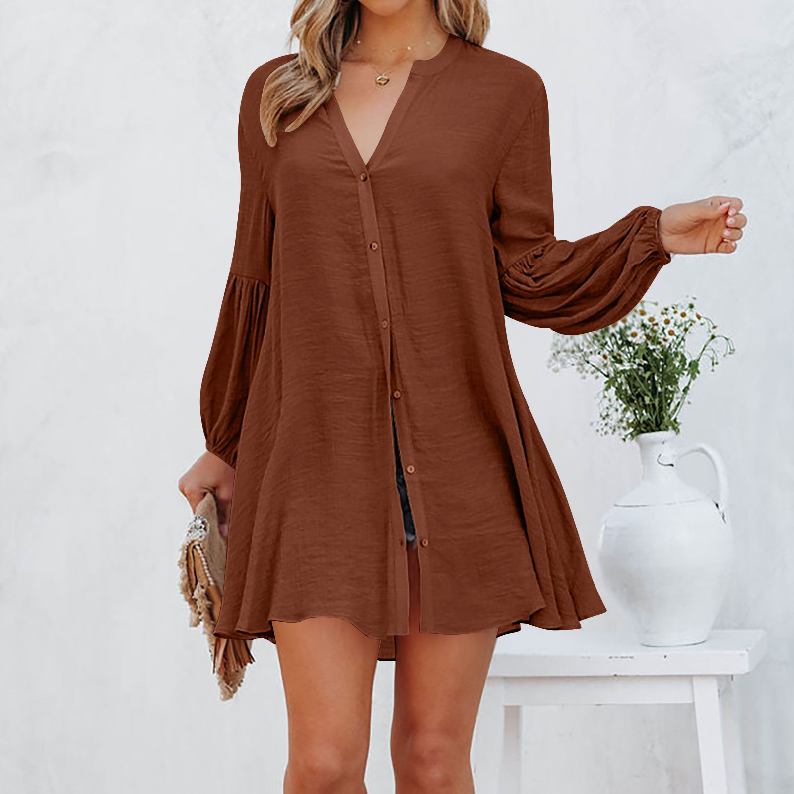 Solid Color Pattern Autumn Season Women'S Gender Wholesale Women'S Elegant Patchwork Button Solid Color Street V Neck Long Sleeve Shirt Dress