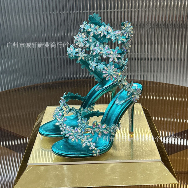 Foreign Trade Cross-Border Rc Snake-Shaped Winding Butterfly Flower Rhinestone Satin High-Heeled Sandals, Fashionable and Elegant Evening Sandals