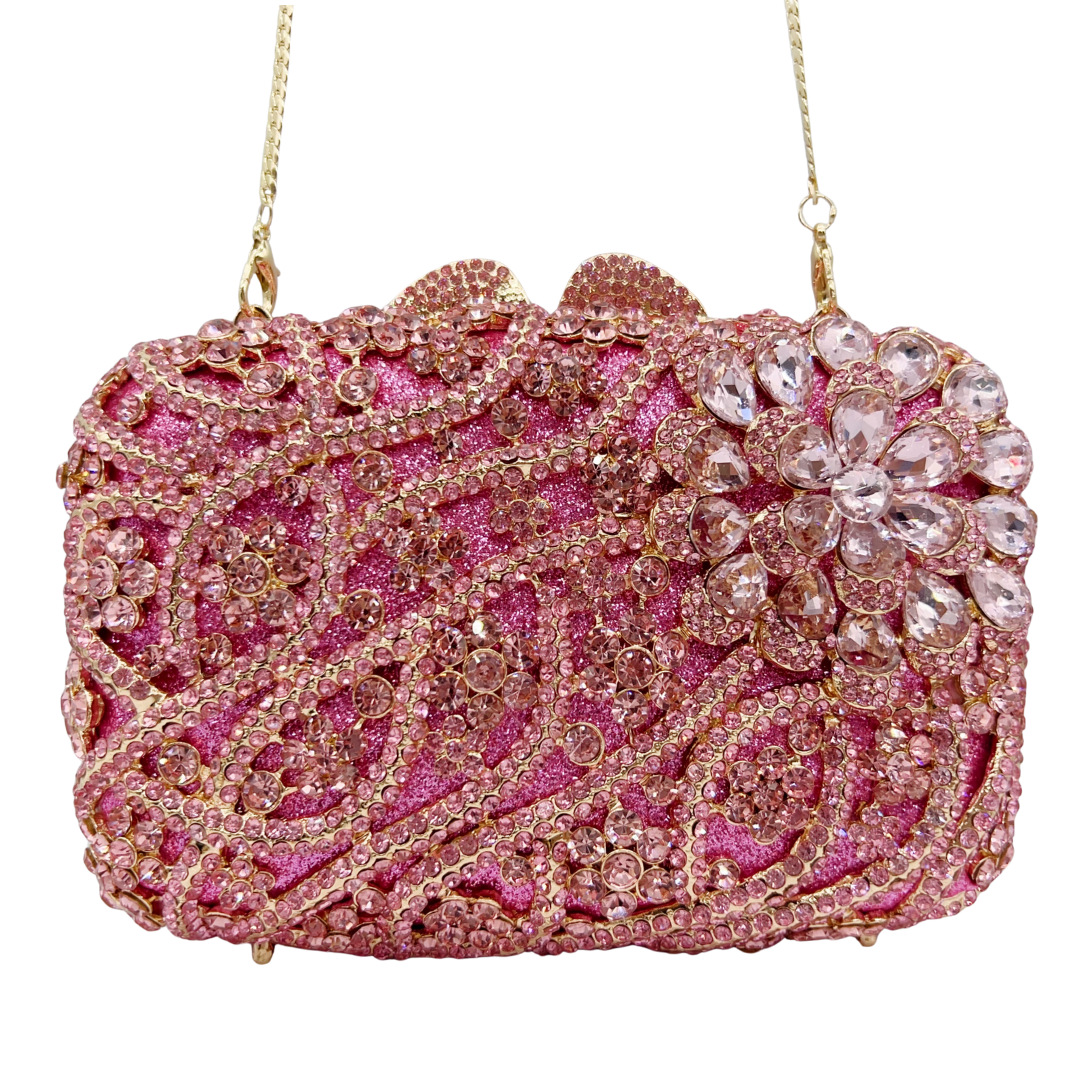 Túi clutch nữ đính kim cương cắt kim loại dự tiệc — màu vàng, hồng chi tiết 6