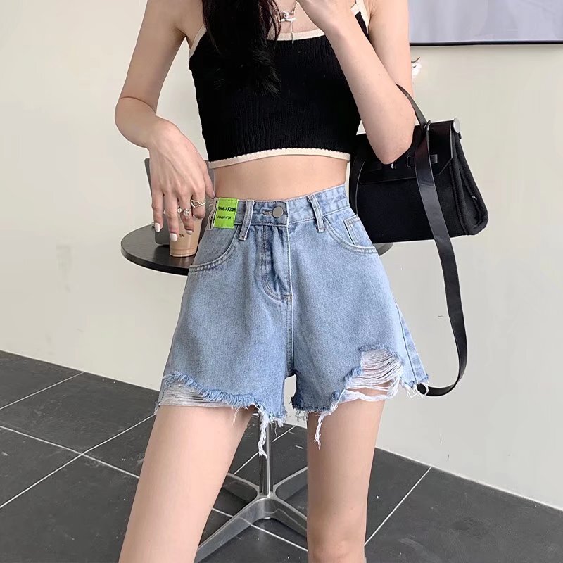 Hot girl ripped Denim shorts women's A- line summer thin high waist loose slimming plus size wide leg frayed ins pants