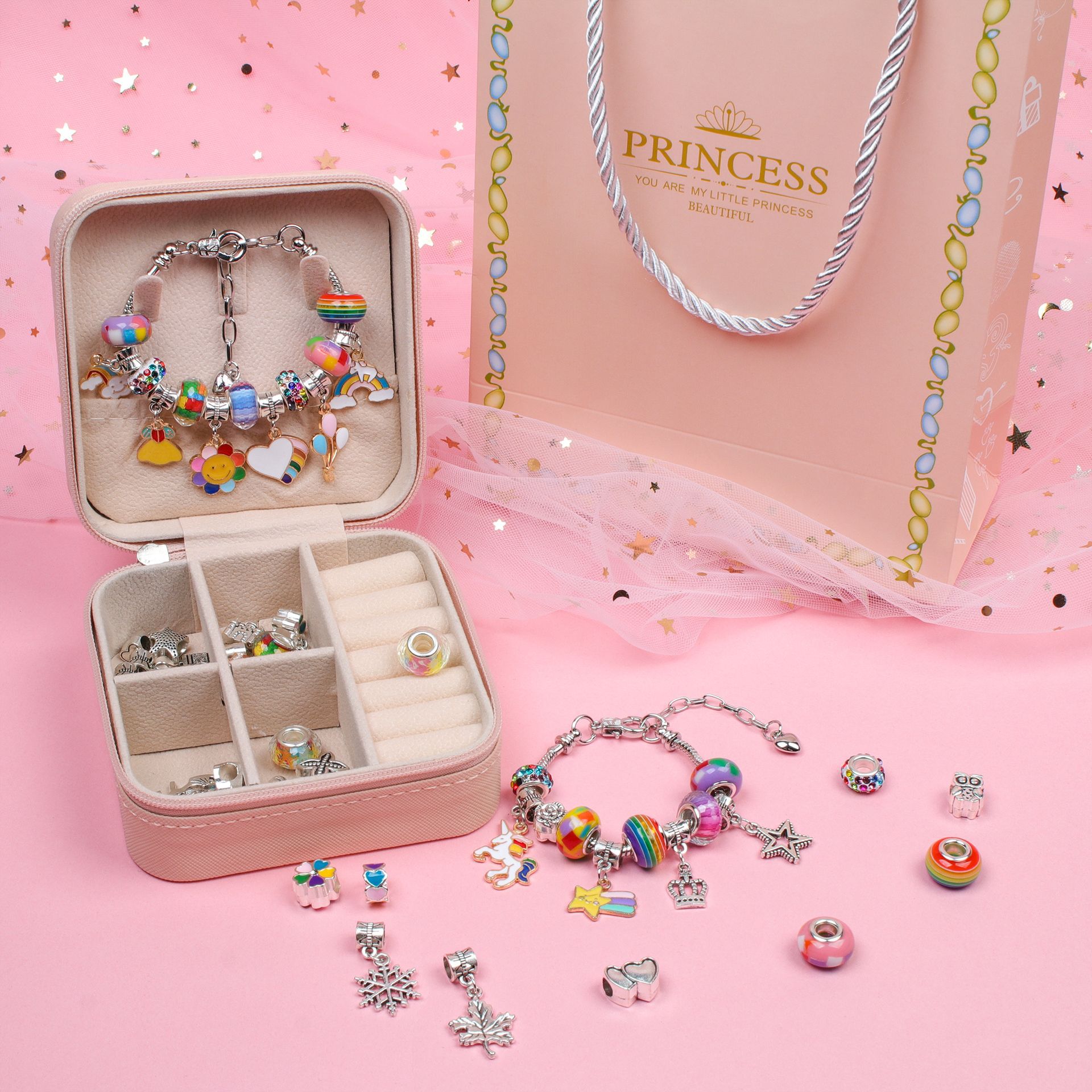 Amazon niños educativos DIY hecho a mano con cuentas collar de pulsera de regalo de cumpleaños pulsera de cuentas traje caja de regalo para las mujeres