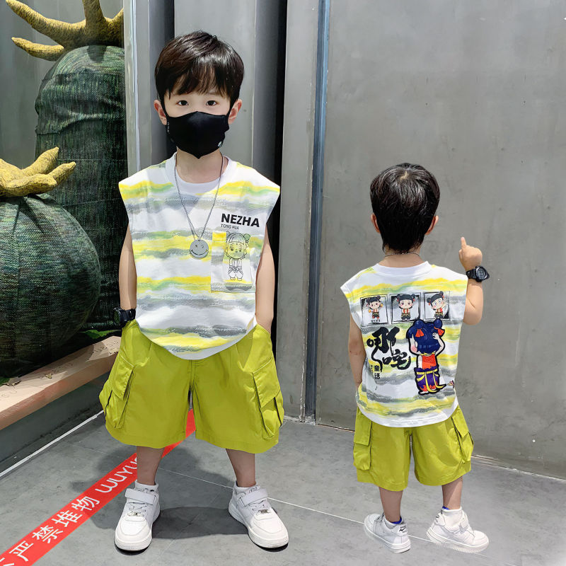 ネザ服男の子サマースーツ子供服新しい子供ベビー夏男の子ストライプノースリーブベスト 2 点セット|undefined
