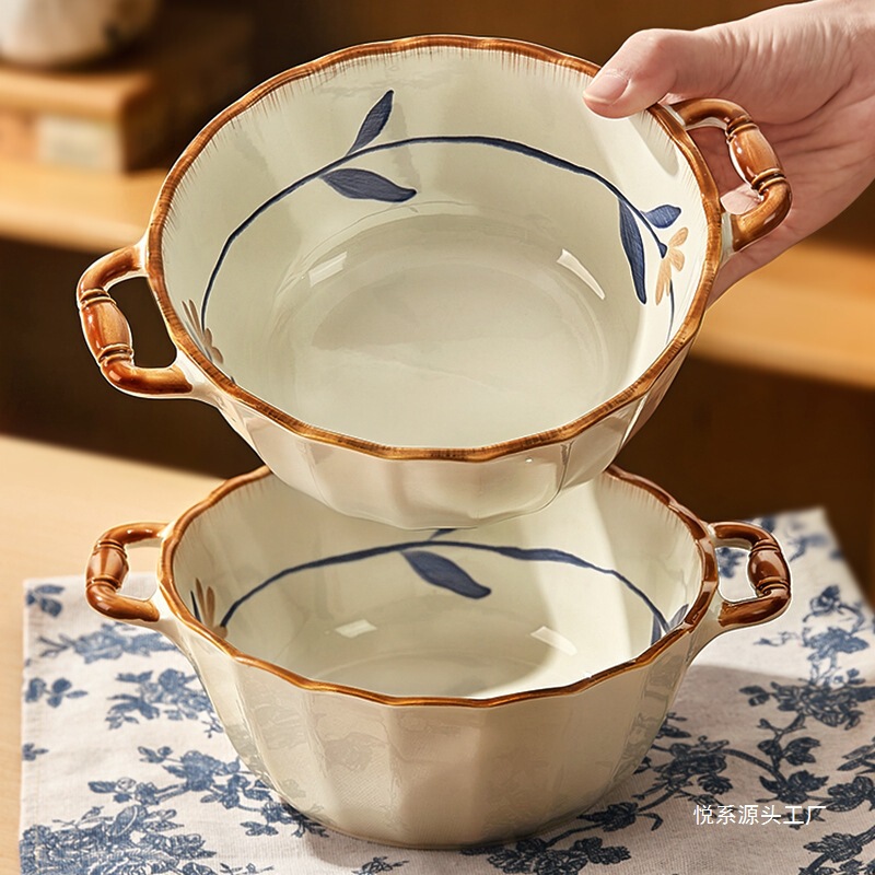 新しい釉下色の双耳スープボウル新しい中国風の家庭用セラミック大型スープボウル 10inch 大型インスタントラーメンボウル Dayue シリーズ|undefined